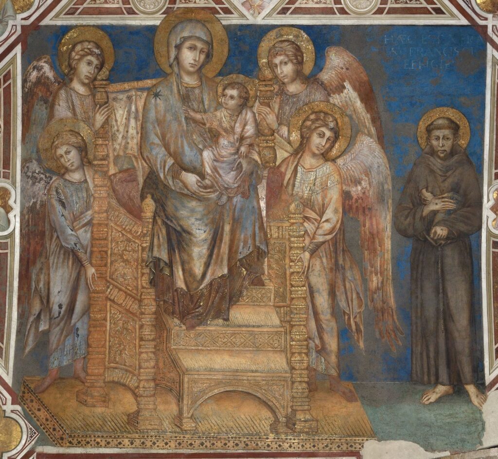 Fresk Cimabuego w Asyżu - Matka Boża na tronie z Dzieciątkiem, aniołami i św. Franciszkiem